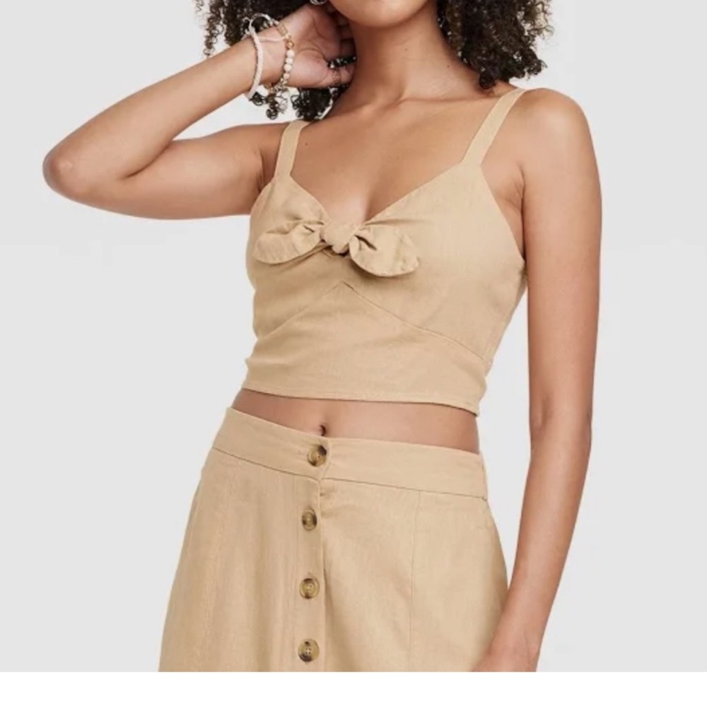 Universal Thread Beige Two-Piece Skirt Set with Knot Front Crop Top